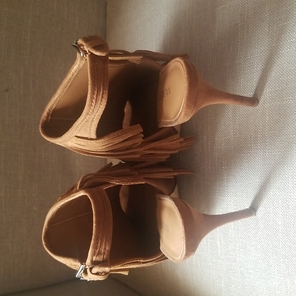 Nine West Flapper Brown Leather Suede Heels Peep Toe Shoes Woman's 8.5 M NIB - Picture 3 of 6